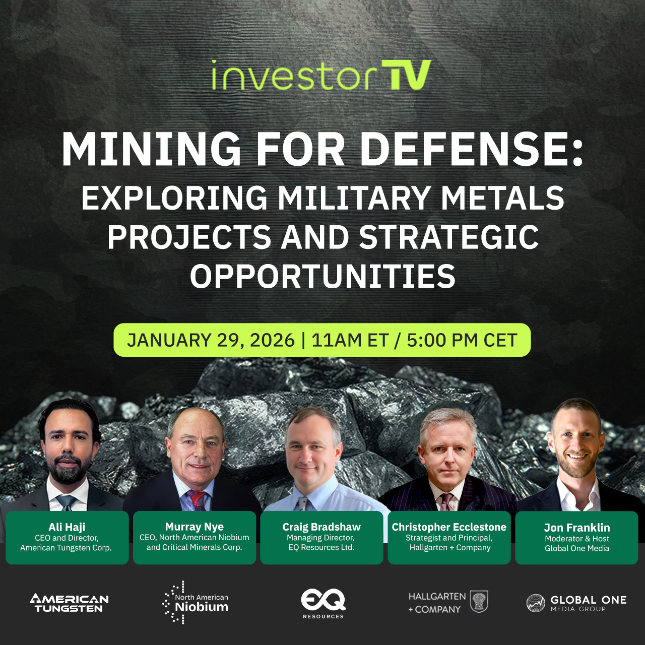 investorTV to Host Live Panel: ‘Mining for Defense: Exploring Military Metals Projects and Opportunities’ on January 29